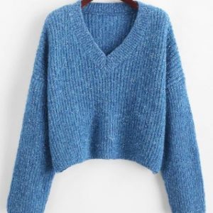 Drop Shoulder Confetti V Neck Sweater - Blueberry Blue