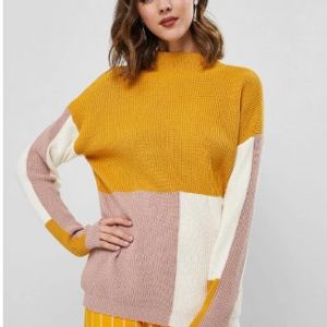 Drop Shoulder Mock Neck Color Block Pullover Sweater - Bee Yellow