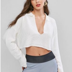 Drop Shoulder Plunge Ribbed Oversized Crop Sweater - White