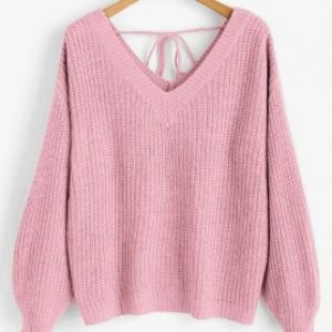 Drop Shoulder V Neck Oversized Sweater - Pink