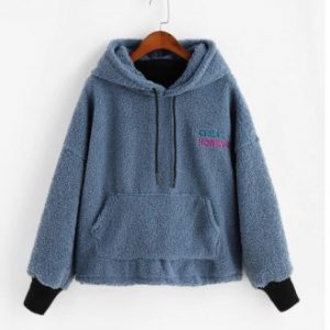 Embroidered Kangaroo Pocket Teddy Fluffy Hoodie