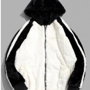 Faux Fur Colorblock Raglan Sleeve Fluffy Hooded Jacket - White