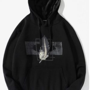 Feather Graphic Print Casual Drawstring Fleece Hoodie