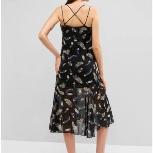 Feather Print Strappy Criss Cross Cami Dress - Black