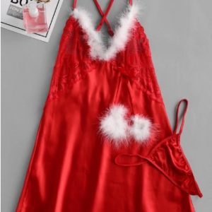 Feather Trim Criss Cross Christmas Lingerie Babydoll Set - Red