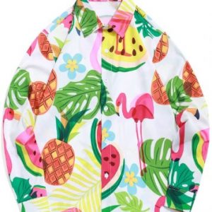 Flamingo Pineapple Watermelon Tropical Print Beach Vacation Shirt - Multi