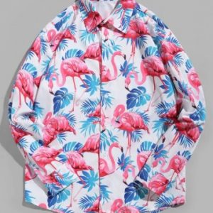 Flamingo Tropical Leaf Print Curved Hem Vacation Shirt - Multi