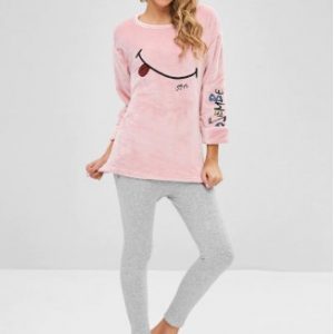 Flannel Embroidered Color Block Pajama Set