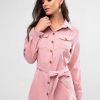 Flap Pockets Belted Corduroy Shirt Dress