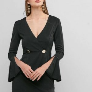 Flare Sleeve Mock Buttons Mini Surplice Dress