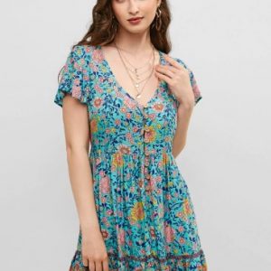 Floral Button Front Plunging Flounce Dress - Multi-a