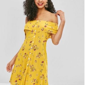 Floral Button Up Off Shoulder Dress - Yellow