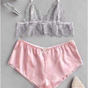 Floral Lace Colorblock Bowknot Satin Pajama Set