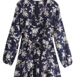 Floral Print Belted Surplice A Line Dress