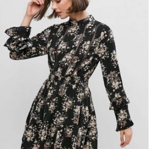 Floral Print Crotchet Trim Long Sleeve Mini Dress