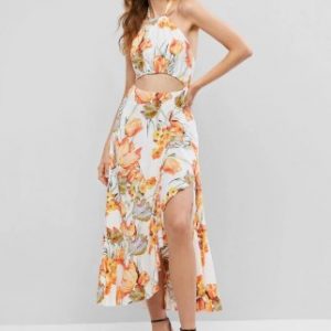 Floral Ruffles Cut Out Maxi Dress