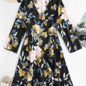 Floral Ruffles Long Sleeve Wrap Dress