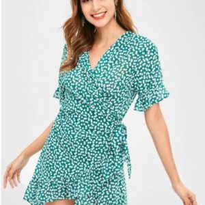 Floral Ruffles Wrap Dress - Medium Forest Green