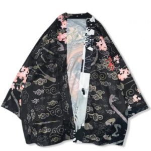 Floral Sea Waves Dragon Print Kimono Cardigan Shirt - Black