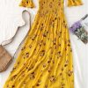 Floral Slit Smocked Off Shoulder Midi Dress