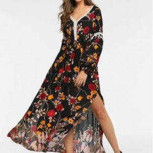 Floral Slit Tassel Long Sleeve Dress - Black