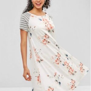 Floral Striped Print Tunic Dress - White