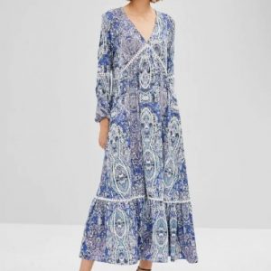 Flounce Maxi Printed Long Sleeve Dress - Day Sky Blue