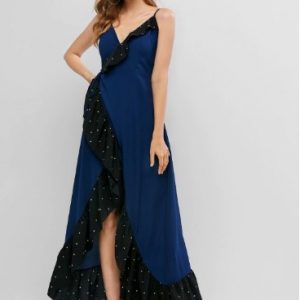 Flounce Polka Dot Maxi Cami Wrap Dress - Deep Blue