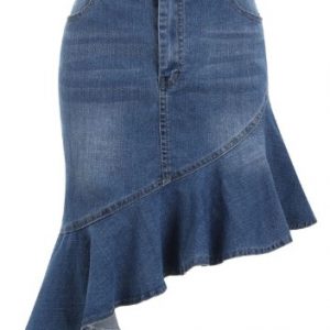 Flounced Hem Denim Asymmetrical Skirt - Denim Blue