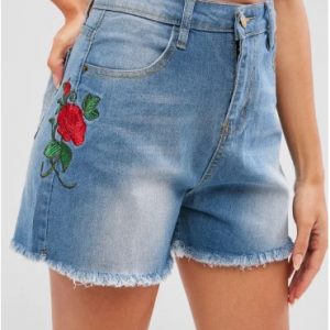 Flower Embroidered Cuff Off Shorts - Denim Blue