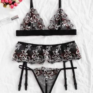 Flower Embroidered Garter Bralette Lingerie Set