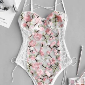 Flower Embroidered Lace Up Mesh Teddy