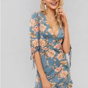 Flower Plunge Mini Flounce Dress - Blue Hosta