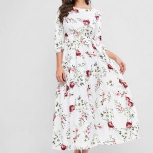 Flower Print A Line Maxi Bohemian Dress