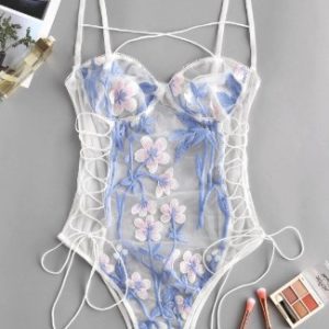 Flower Print Embroidered Lace Up Mesh Teddy