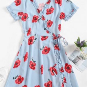 Flower Print Frilled Short Wrap Dress