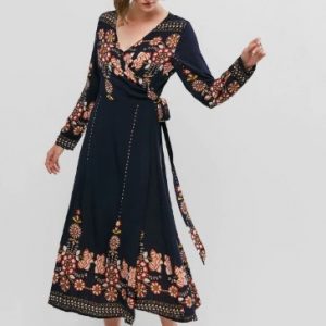 Flower Print Long Sleeve Knotted Wrap Dress