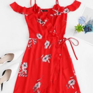 Flower Ruffle Cold Shoulder Wrap Dress