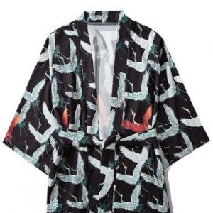 Flying Crane Print Casual Open Front Kimono Cardigan - Black