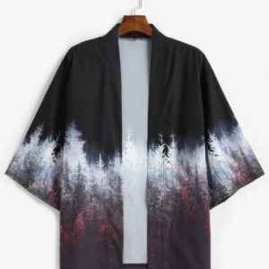 Forest Painting Print Open Front Kimono Cardigan - Black