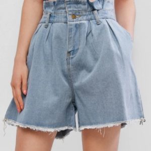 Frayed Denim Cutoffs Paperbag Shorts - Denim Blue