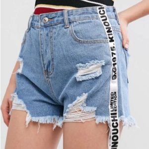 Frayed Graphic Trim Ripped Denim Shorts - Denim Dark Blue