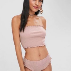 Frilled Ribbed Bandeau Top And Briefs Set