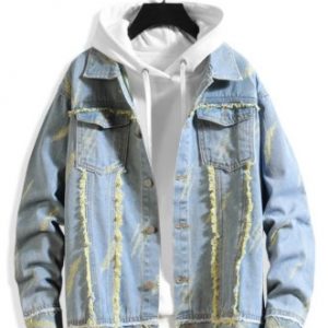 Fringe-trim Scratch Chest Pocket Ripped Jean Jacket