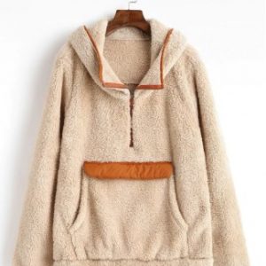 Front Pocket Half Zip Contrast Faux Fur Hoodie