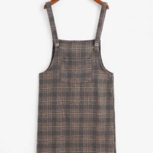 Front Pocket Plaid Back Slit Pinafore Dress