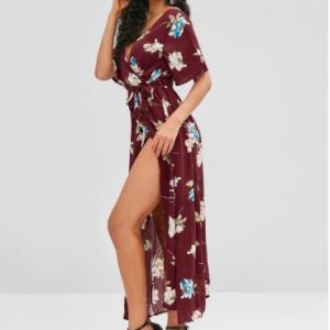 Front Slit Flower Print Maxi Dress