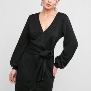 Front Tie Lantern Sleeve Surplice Bodycon Dress