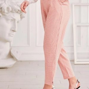 Gingham Zipper Fly Side Slit Pants - Pink