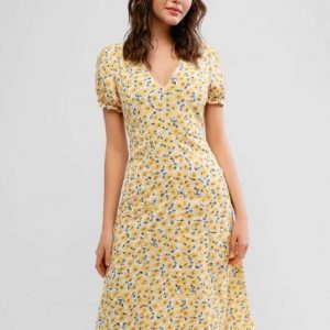 Half Buttoned Floral A Line Midi Dress